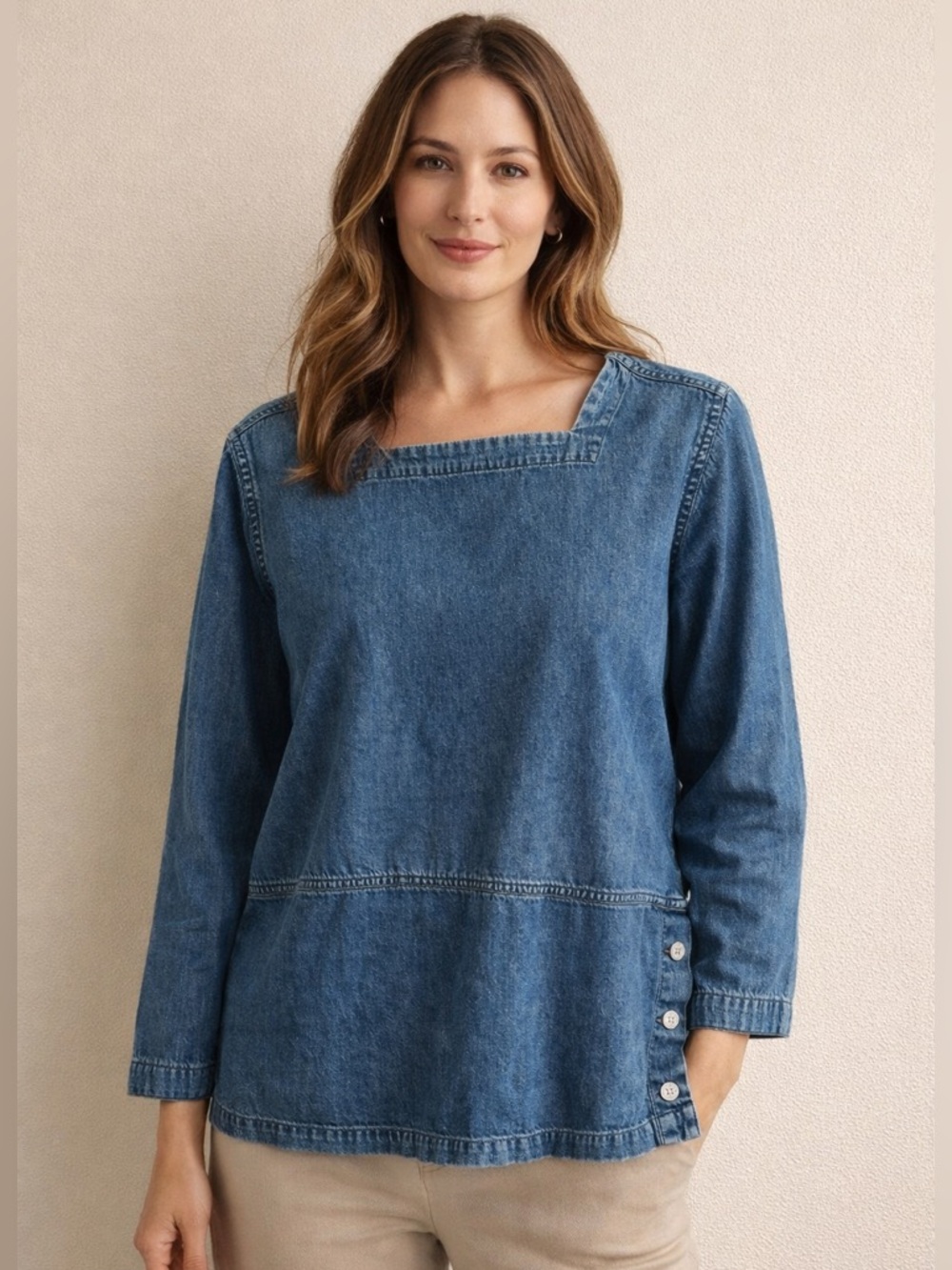 Toofan Denim Pullover Top with Side Button Detail - Blue